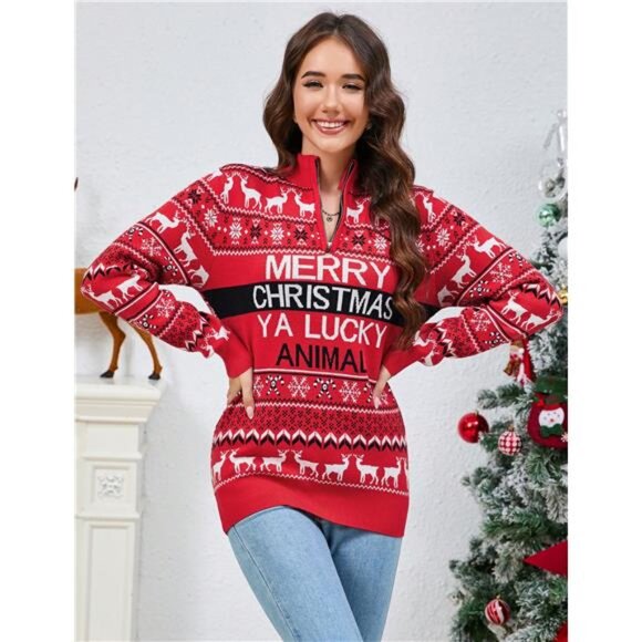 Women's Ugly Christmas Sweater Mock Turtleneck Zip Pullover - Picture 1 of 6